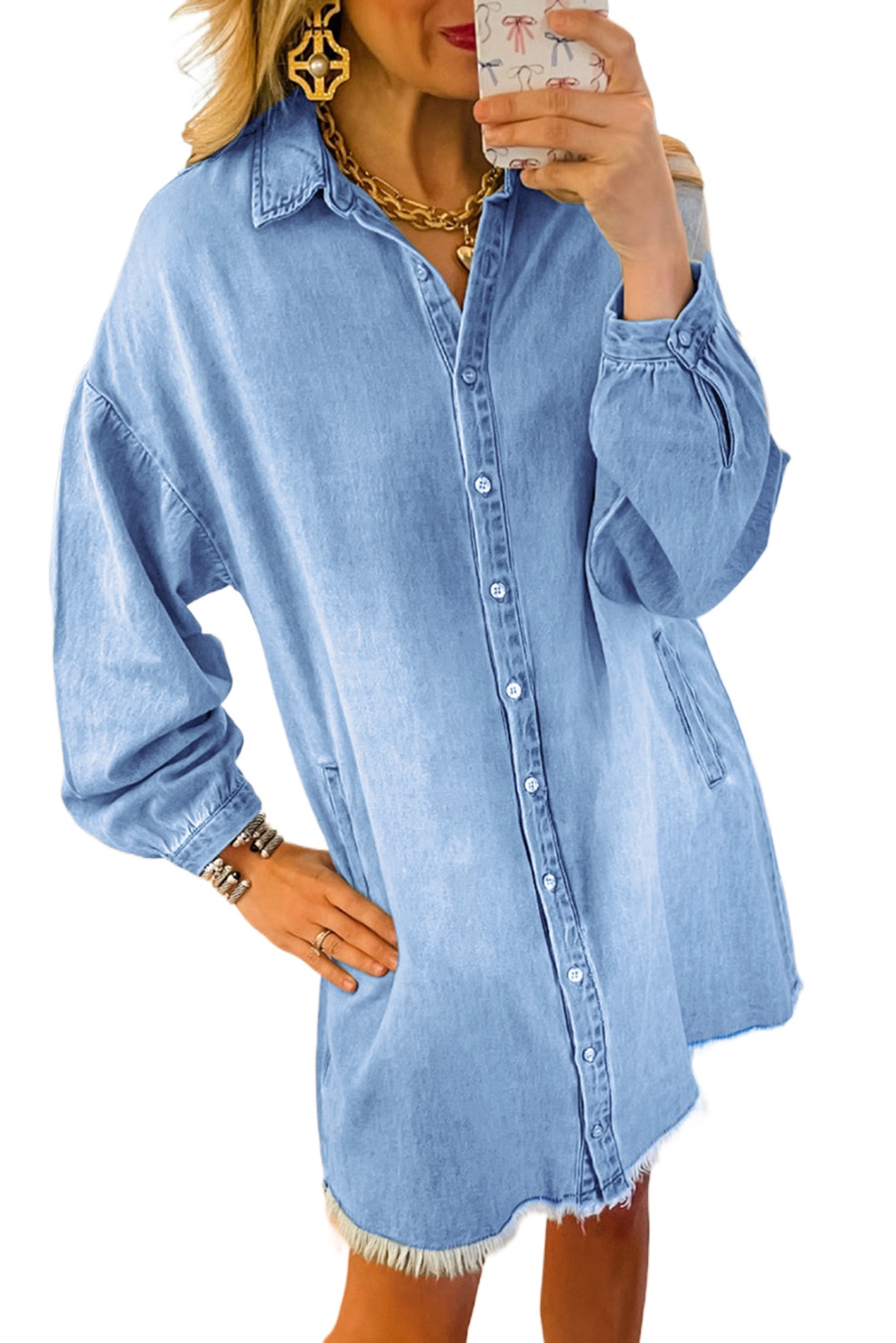 Women's Beau Blue Risen Medium Washed Denim Shift Dress - Main View Women's Beau Blue Risen Medium Washed Denim Shift Dress - Main View