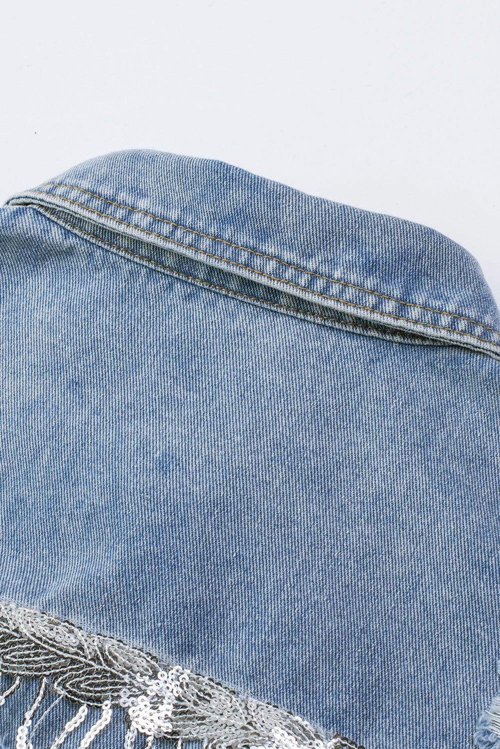 Women's Sequin Fringe Denim Jacket, Distressed Light Blue Coat - Detail View 19 Women's Sequin Fringe Denim Jacket, Distressed Light Blue Coat - Detail View 19