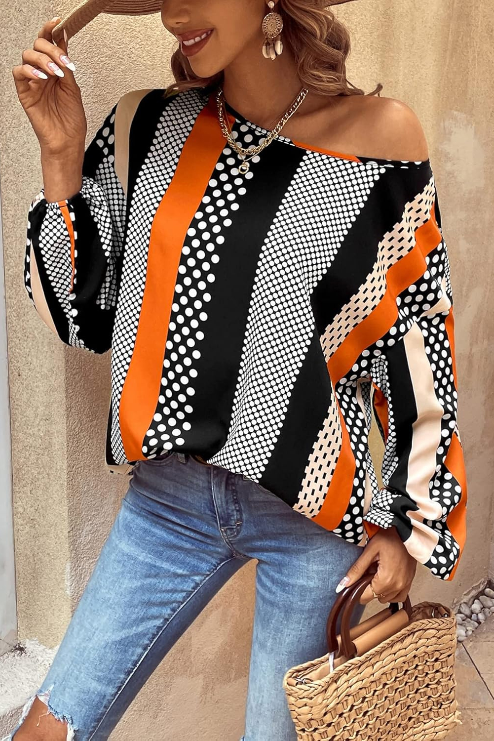 Stylish Long Sleeve Shift Blouse for Office and Daily Wear - Orange Striped Design - Detail View 3 Stylish Long Sleeve Shift Blouse for Office and Daily Wear - Orange Striped Design - Detail View 3