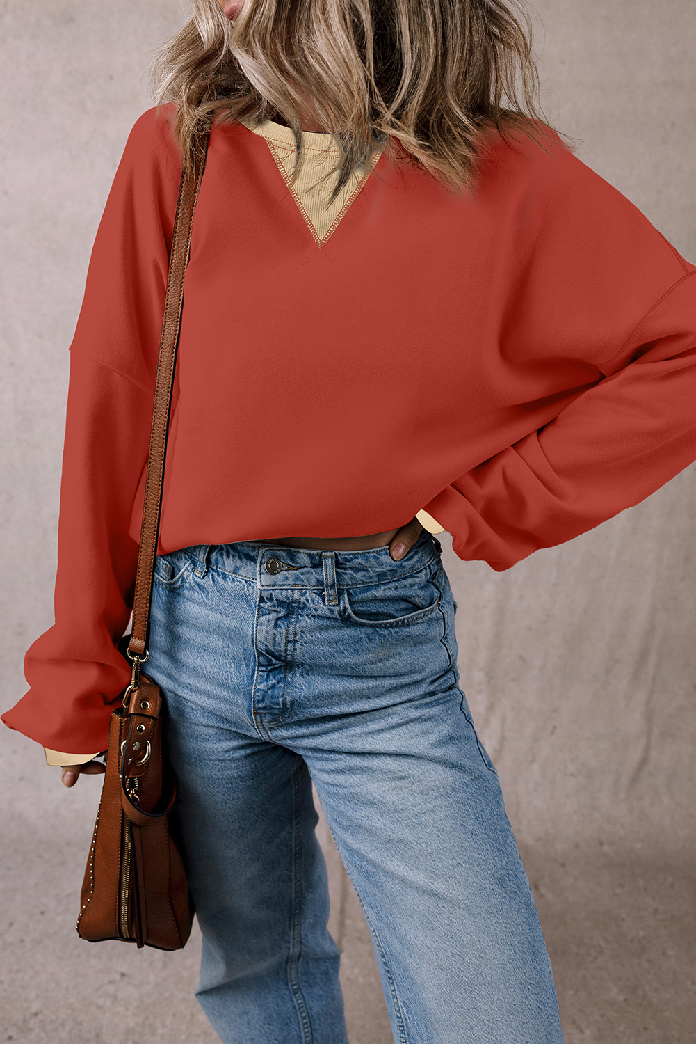 Women's Red Clay Color Block Patch Drop Shoulder Oversized Sweatshirt - Detail View 6 Women's Red Clay Color Block Patch Drop Shoulder Oversized Sweatshirt - Detail View 6
