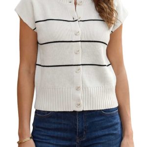 Women's Striped Button Cardigan, Casual Short Sleeve Knit Top - Main View