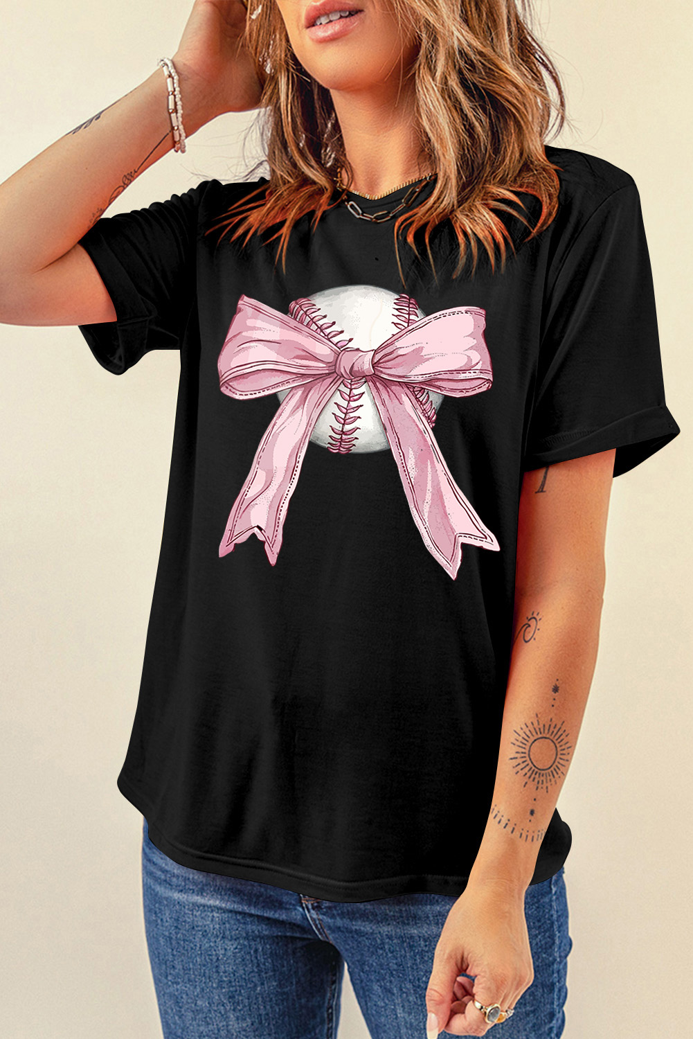 Casual Round Neck T Shirt, Women's Sporty Bow Print Graphic - Detail View 6 Casual Round Neck T Shirt, Women's Sporty Bow Print Graphic - Detail View 6