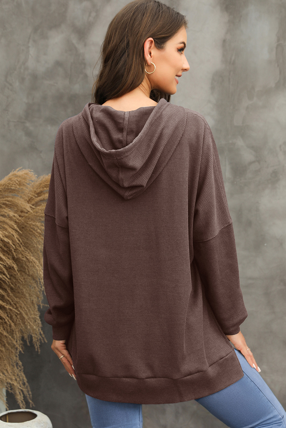 Stylish Long Sleeve Hooded Hoodie: Cozy Fleece Lined Design - Coffee - Detail View 7 Stylish Long Sleeve Hooded Hoodie: Cozy Fleece Lined Design - Coffee - Detail View 7