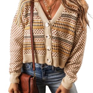 Women's Khaki Buttoned V-Neck Cropped Cardigan - Main View