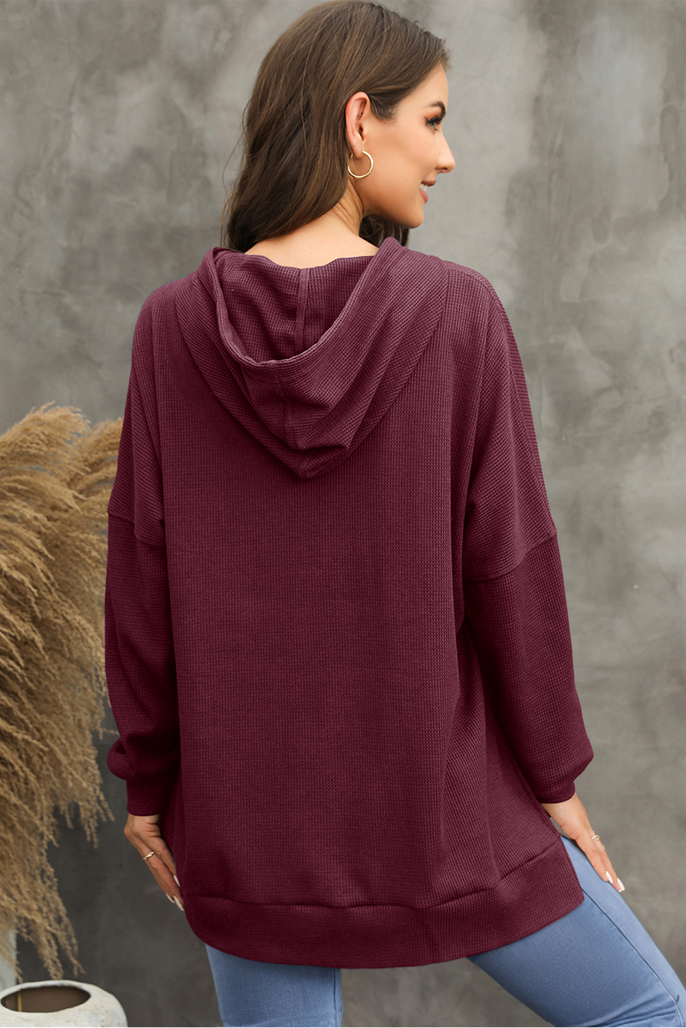 Stylish High Low Design - Women's Casual Red Dahlia Hoodie - Detail View 7 Stylish High Low Design - Women's Casual Red Dahlia Hoodie - Detail View 7
