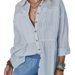 Women's Sky Blue Stripe Long Sleeve Button-Up Shirt - Main View