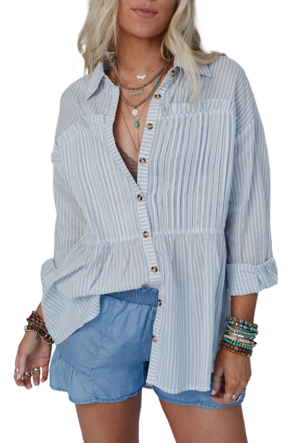 Women's Sky Blue Stripe Long Sleeve Button-Up Shirt - Main View Women's Sky Blue Stripe Long Sleeve Button-Up Shirt - Main View