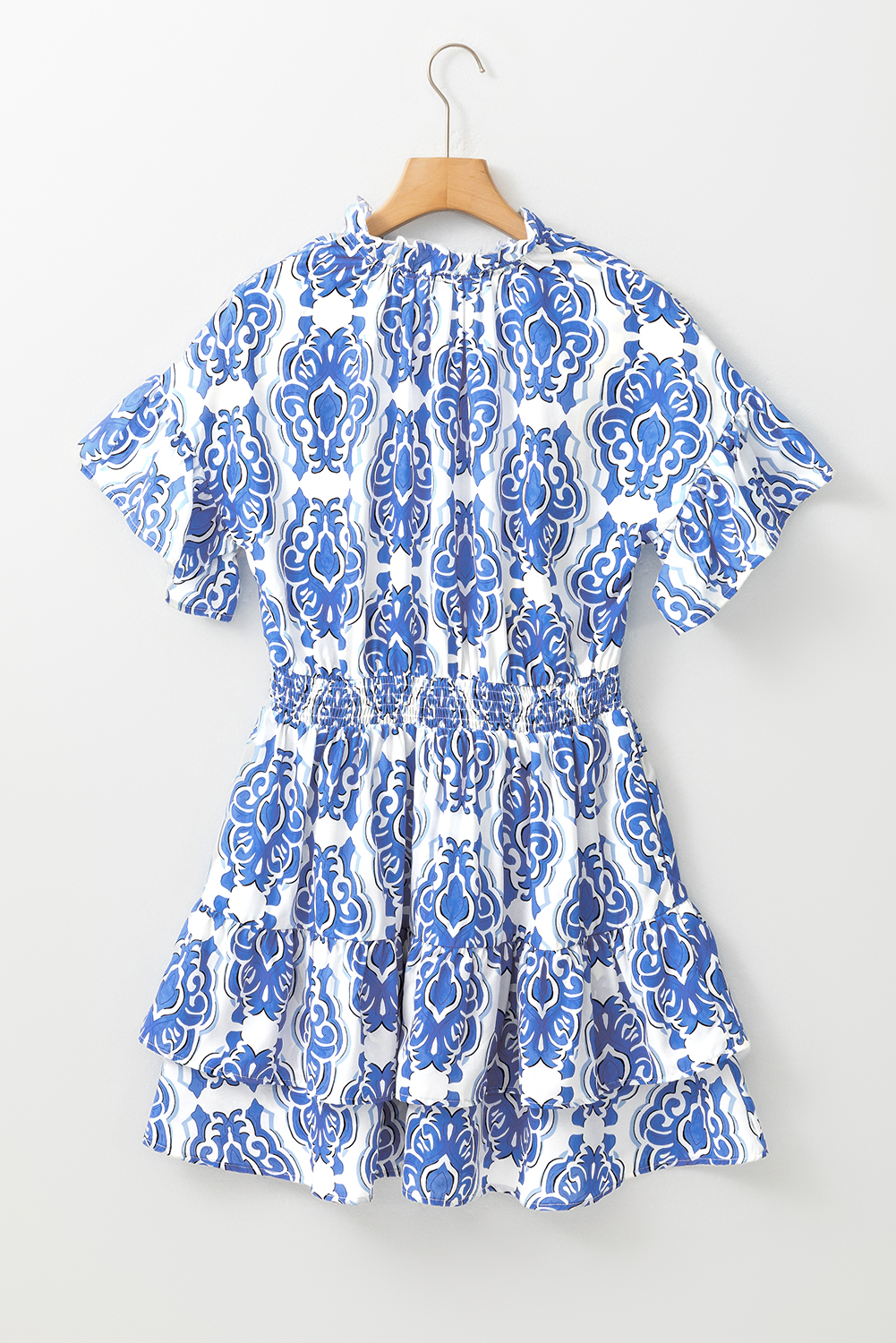 Women's Elegant Ashleigh Blue Vintage Floral Print Short Sleeve Dress with Ruffled Sleeves - Detail View 6 Women's Elegant Ashleigh Blue Vintage Floral Print Short Sleeve Dress with Ruffled Sleeves - Detail View 6
