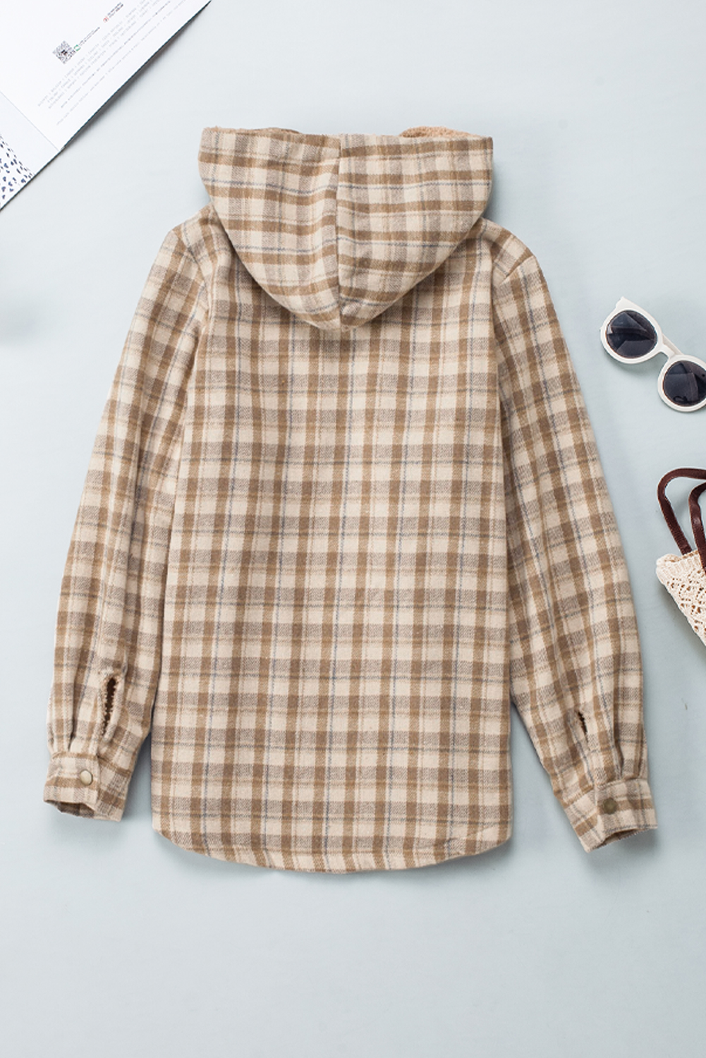 Hooded Plaid Shacket, Women's Cozy Sherpa Lined Outerwear - Detail View 8 Hooded Plaid Shacket, Women's Cozy Sherpa Lined Outerwear - Detail View 8