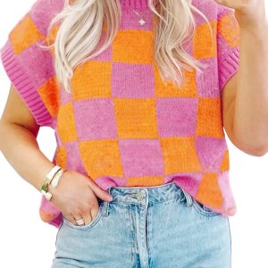 Women's Strawberry Pink Colorblock Plaid Pattern Ribbed Trim Sweater Tank Top - Main View