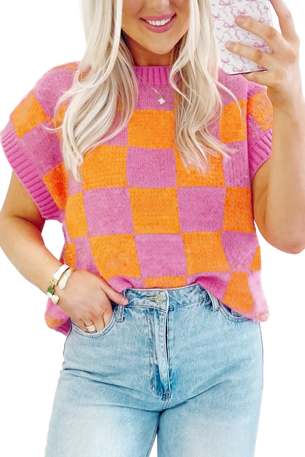 Women's Strawberry Pink Colorblock Plaid Pattern Ribbed Trim Sweater Tank Top - Main View Women's Strawberry Pink Colorblock Plaid Pattern Ribbed Trim Sweater Tank Top - Main View