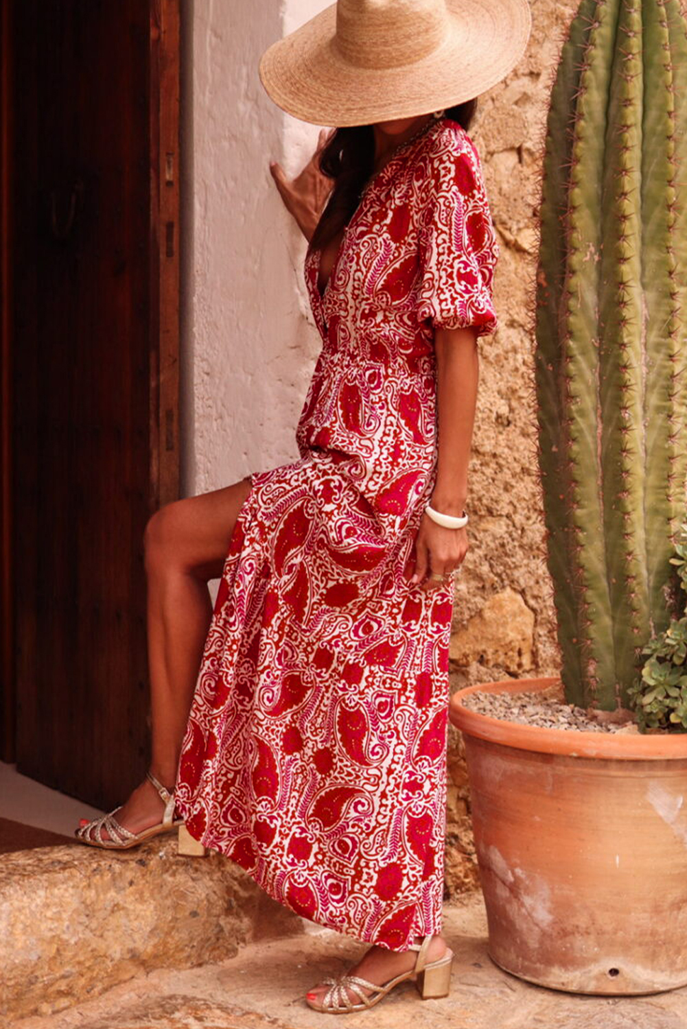 Vintage-Inspired Red Paisley Maxi Dress for Summer Vacations and Special Occasions - Detail View 3 Vintage-Inspired Red Paisley Maxi Dress for Summer Vacations and Special Occasions - Detail View 3