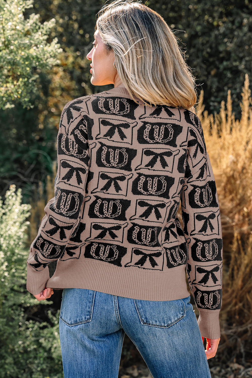 Western Print Knit Sweater, Casual Round Neck Pullover Top - Detail View 2 Western Print Knit Sweater, Casual Round Neck Pullover Top - Detail View 2