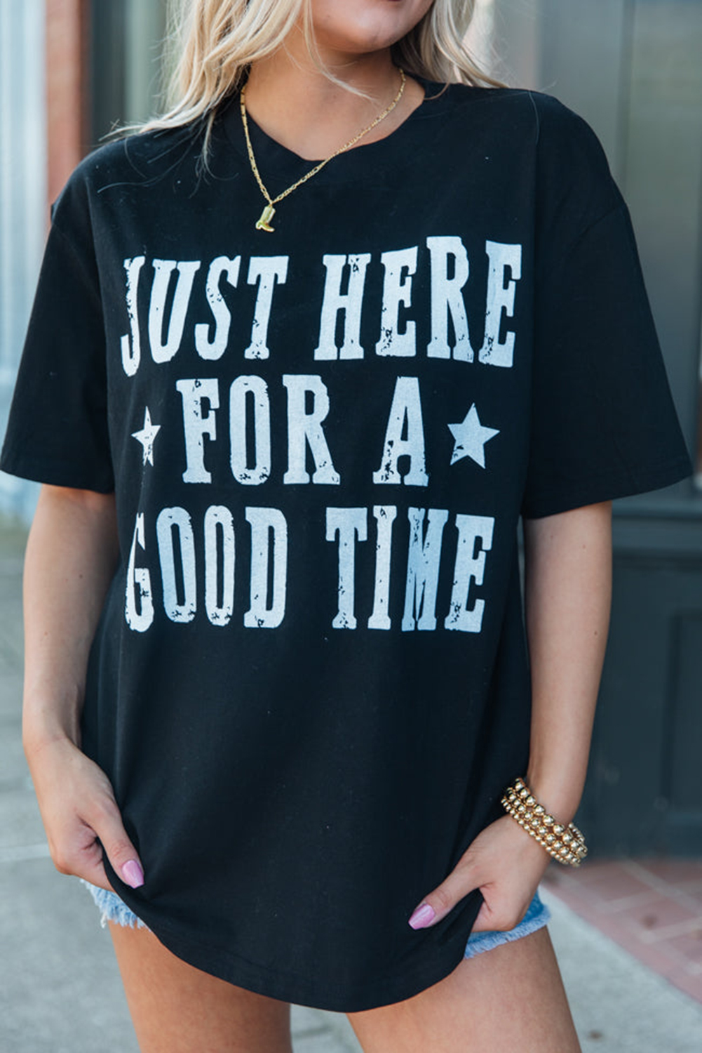 Casual Black Graphic Tee: Short Sleeve Round Neck T-Shirt - Detail View 2 Casual Black Graphic Tee: Short Sleeve Round Neck T-Shirt - Detail View 2