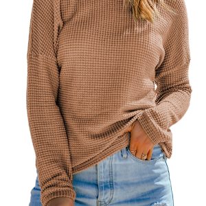 Women's Khaki Waffle Knit Drop Shoulder Long Sleeve Top - Main View