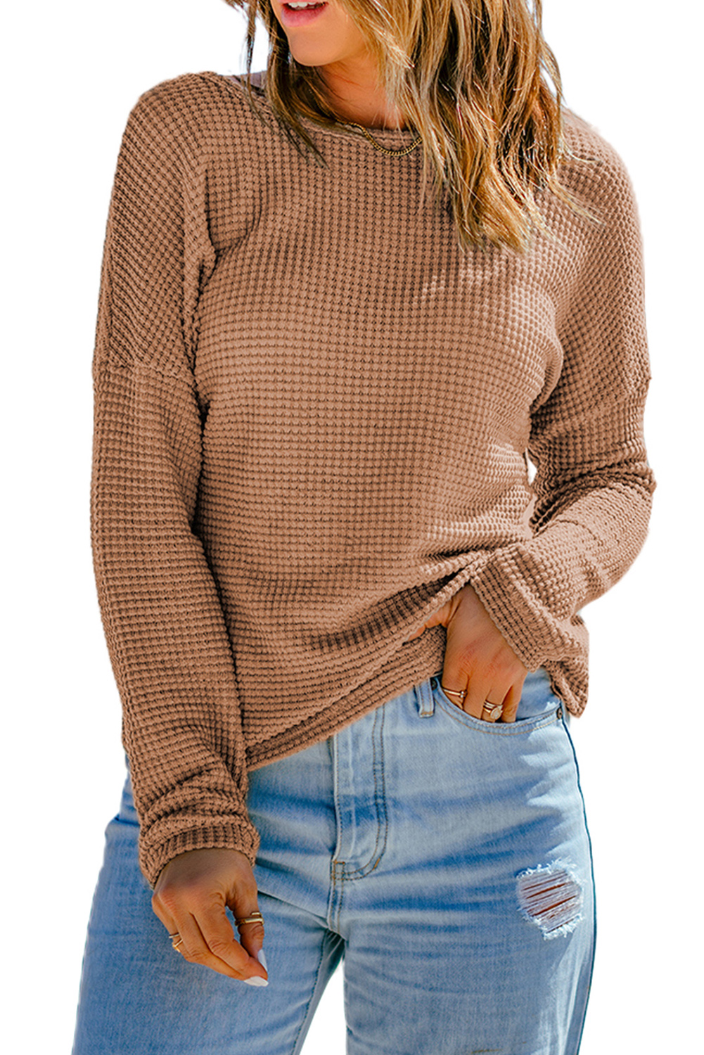 Women's Khaki Waffle Knit Drop Shoulder Long Sleeve Top - Main View Women's Khaki Waffle Knit Drop Shoulder Long Sleeve Top - Main View