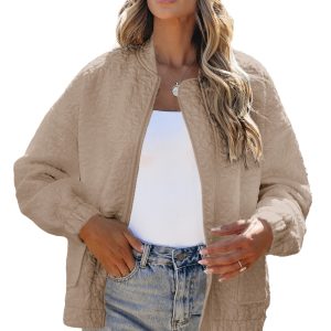 Women's Light French Beige Floral Quilted Jacket with Long Sleeves - Main View