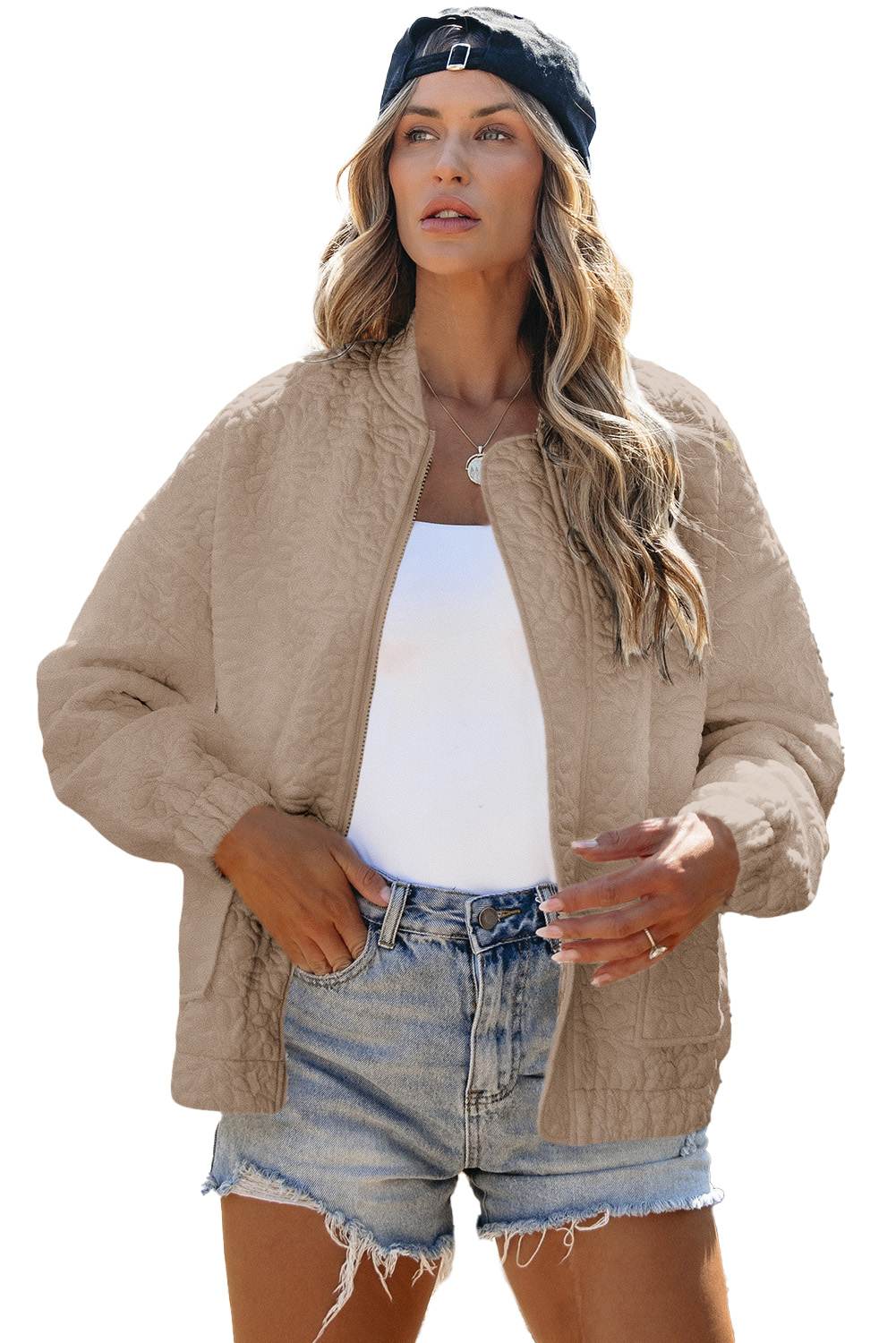 Women's Light French Beige Floral Quilted Jacket with Long Sleeves - Main View Women's Light French Beige Floral Quilted Jacket with Long Sleeves - Main View