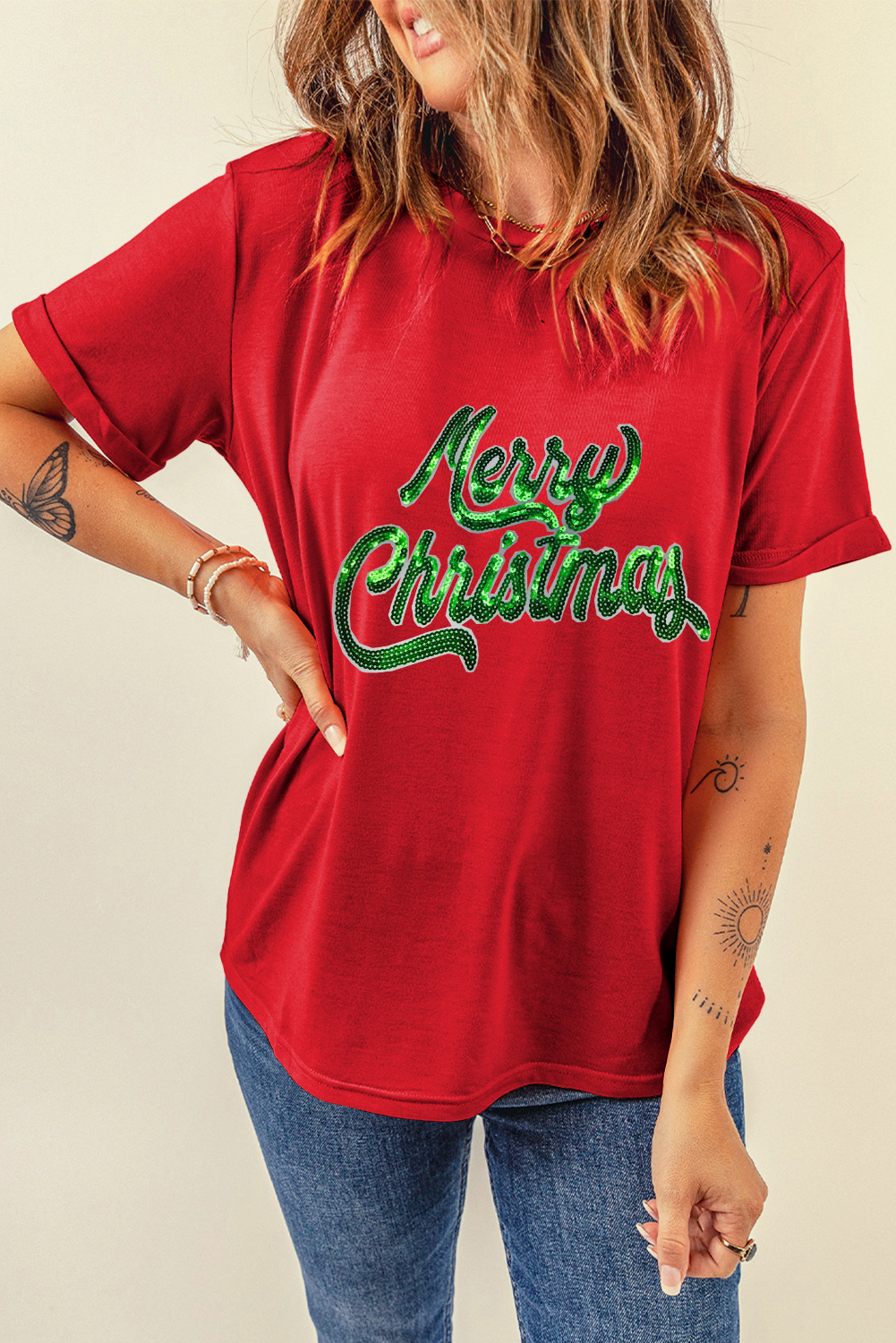 Women's T-Shirt, Red Christmas Tee, Graphic Crewneck, Holiday Style, Casual Wear, Festive Design, Comfortable Fabric, Short Sleeve, Round Neck, Gift Idea, Slogan Print, Daily Wear, Graphic Tees, Christmas Apparel - Detail View 8 Women's T-Shirt, Red Christmas Tee, Graphic Crewneck, Holiday Style, Casual Wear, Festive Design, Comfortable Fabric, Short Sleeve, Round Neck, Gift Idea, Slogan Print, Daily Wear, Graphic Tees, Christmas Apparel - Detail View 8