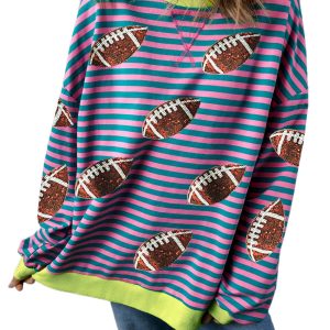 Women's Green Stripe Sequin Rugby Football Graphic Colorblock Edge Sweatshirt - Main View