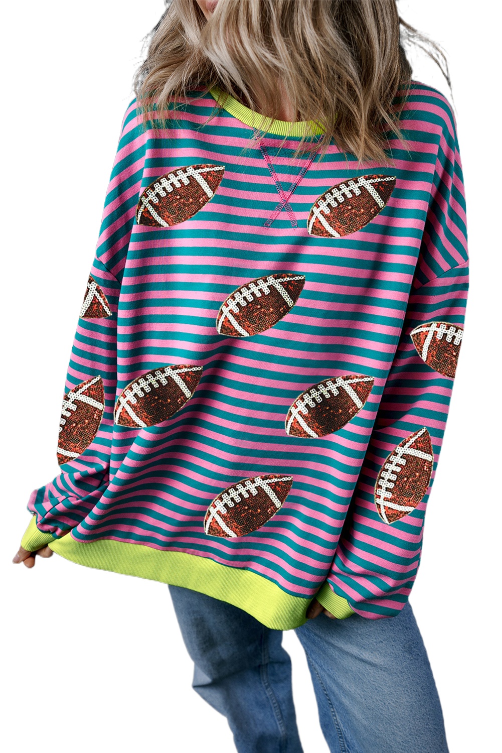 Women's Green Stripe Sequin Rugby Football Graphic Colorblock Edge Sweatshirt - Main View Women's Green Stripe Sequin Rugby Football Graphic Colorblock Edge Sweatshirt - Main View