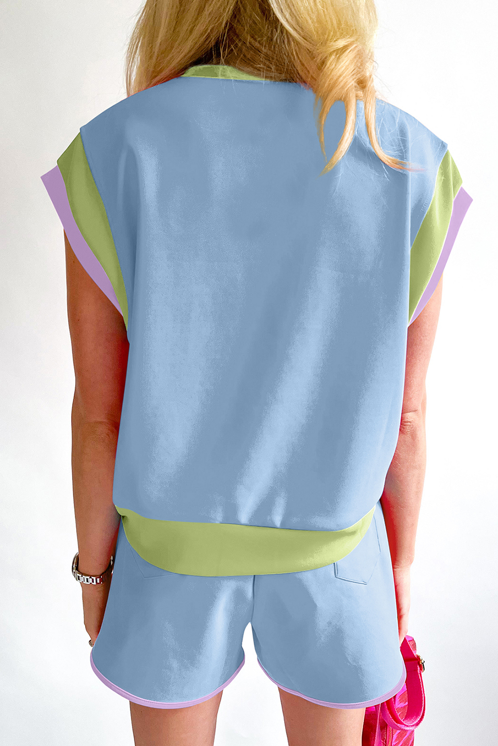 Relaxed Fit Colorblock Shorts Set for Women - Daily Casual Wear - Detail View 3 Relaxed Fit Colorblock Shorts Set for Women - Daily Casual Wear - Detail View 3