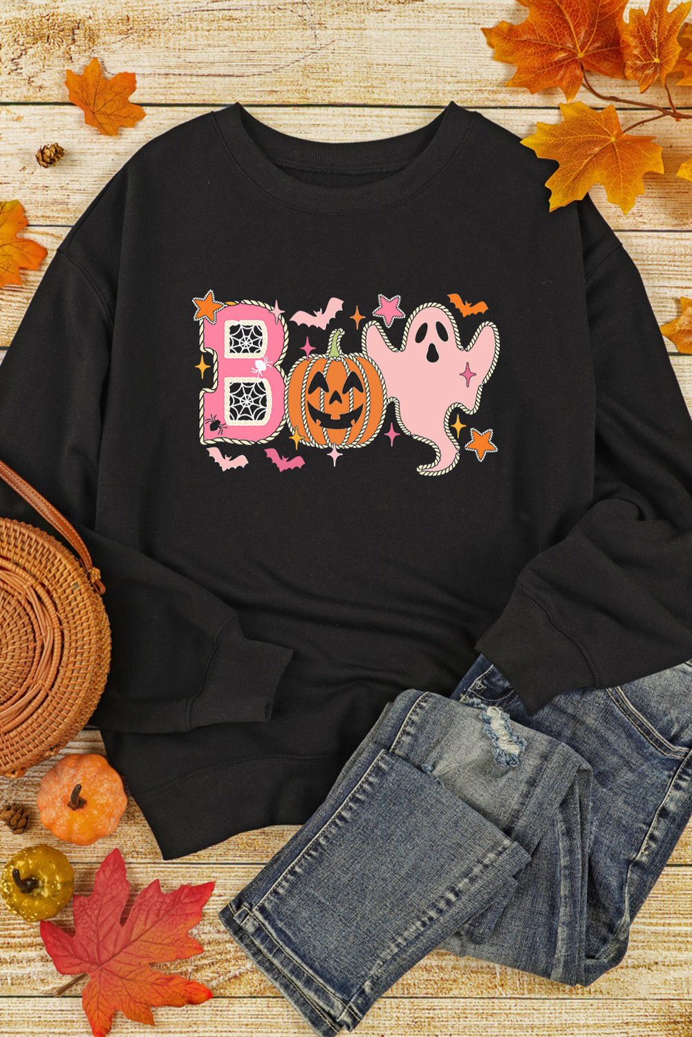 Women's Sweatshirt, Black, Halloween, BOO Print, Ghost Graphics, Crew Neck, Casual Style, Long Sleeve, Autumn Celebration, Graphic Sweatshirt, Relaxed Fit, Themed Parties, Comfortable, Daily Wear - Detail View 8 Women's Sweatshirt, Black, Halloween, BOO Print, Ghost Graphics, Crew Neck, Casual Style, Long Sleeve, Autumn Celebration, Graphic Sweatshirt, Relaxed Fit, Themed Parties, Comfortable, Daily Wear - Detail View 8