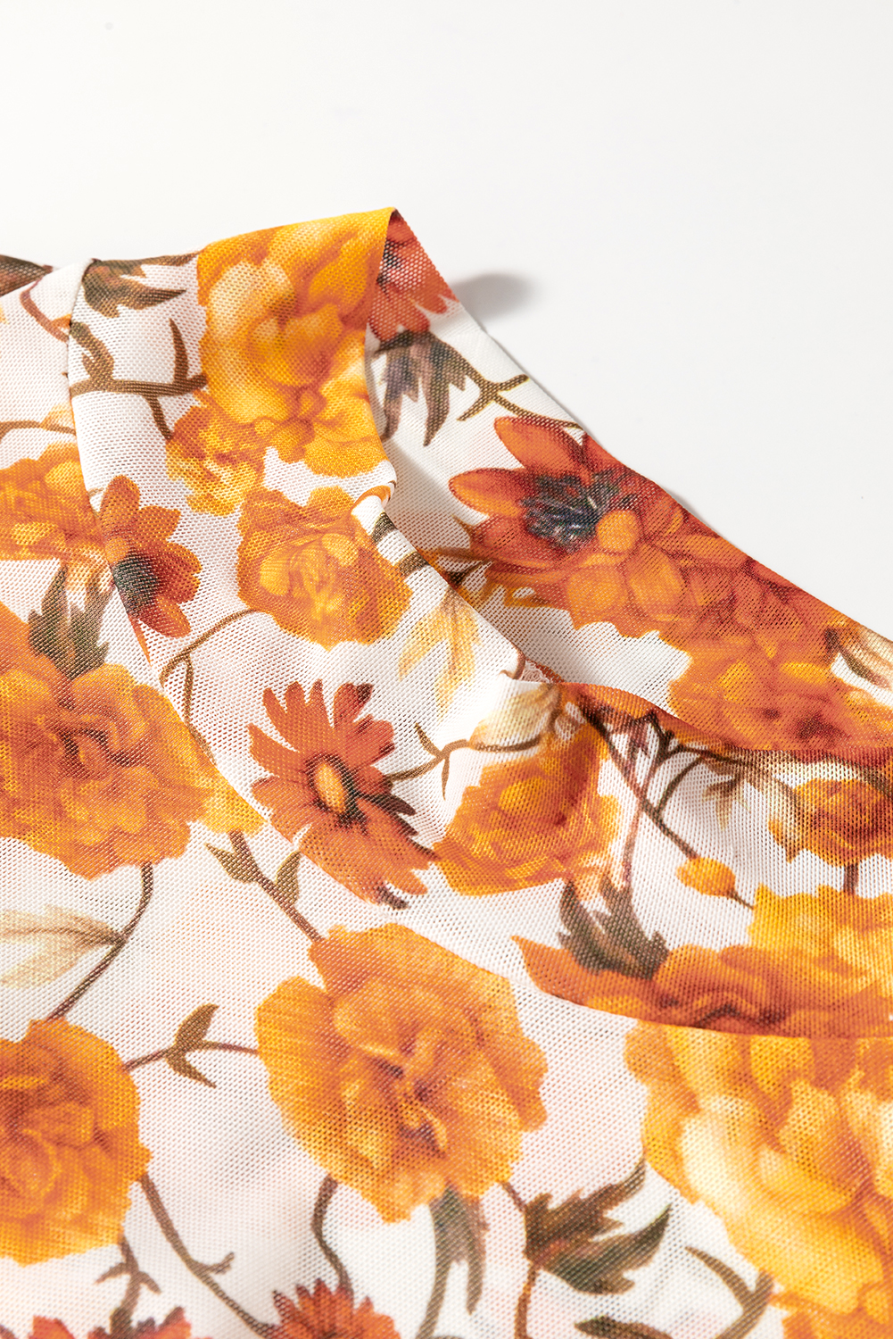 Elegant Orange Floral Blouse - Long Bell Sleeves, Mock Neck Style, Scallop Trim Details - Detail View 10 Elegant Orange Floral Blouse - Long Bell Sleeves, Mock Neck Style, Scallop Trim Details - Detail View 10