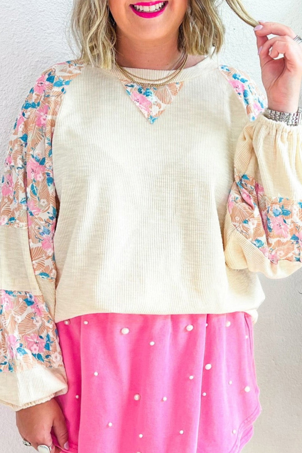 Feminine Floral Patchwork Top - Plus Size Flattering Fit - Detail View 2 Feminine Floral Patchwork Top - Plus Size Flattering Fit - Detail View 2