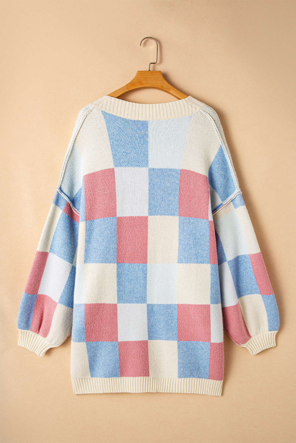 Cozy and Versatile Open Front Cardigan - Light Blue Checkered Pattern with Relaxed Fit - Detail View 8 Cozy and Versatile Open Front Cardigan - Light Blue Checkered Pattern with Relaxed Fit - Detail View 8
