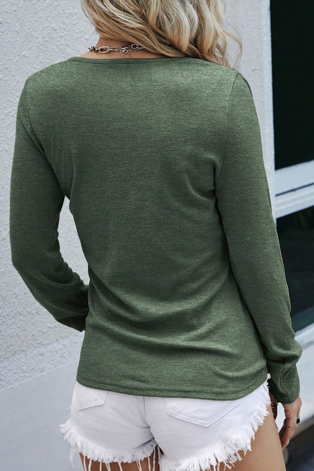 Soft Long Sleeve Henley, Women's Casual Mist Green Pullover - Detail View 3 Soft Long Sleeve Henley, Women's Casual Mist Green Pullover - Detail View 3