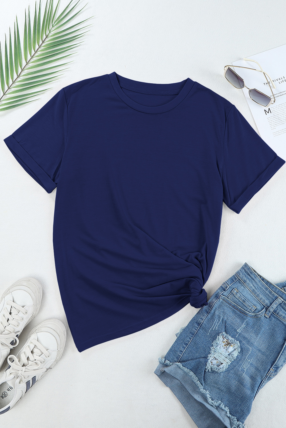 Women's Blue Crew Neck Tee, Casual Short Sleeve Summer Top - Detail View 7 Women's Blue Crew Neck Tee, Casual Short Sleeve Summer Top - Detail View 7