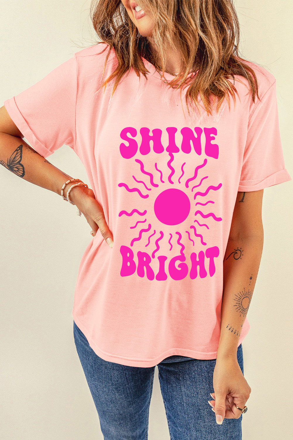 Women's Summer Knit Graphic Tee, Casual Round Neck Pink Top - Detail View 9 Women's Summer Knit Graphic Tee, Casual Round Neck Pink Top - Detail View 9