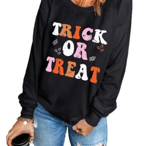 Women's Black TRICK OR TREAT Graphic Crewneck Halloween Sweatshirt - Main View