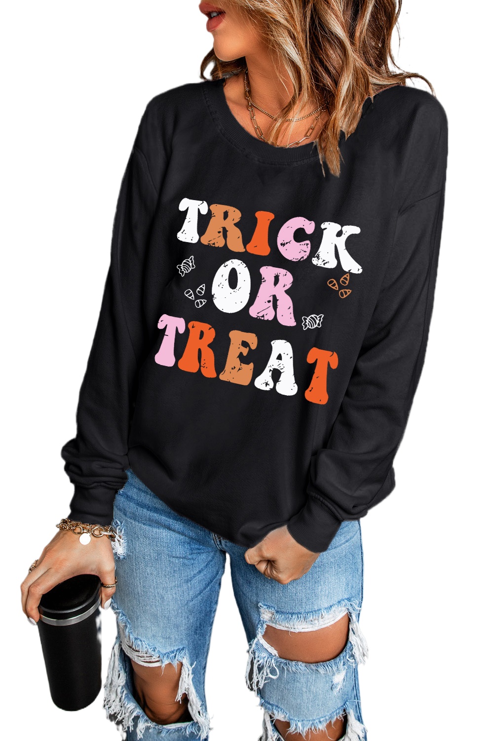 Women's Black TRICK OR TREAT Graphic Crewneck Halloween Sweatshirt - Main View Women's Black TRICK OR TREAT Graphic Crewneck Halloween Sweatshirt - Main View