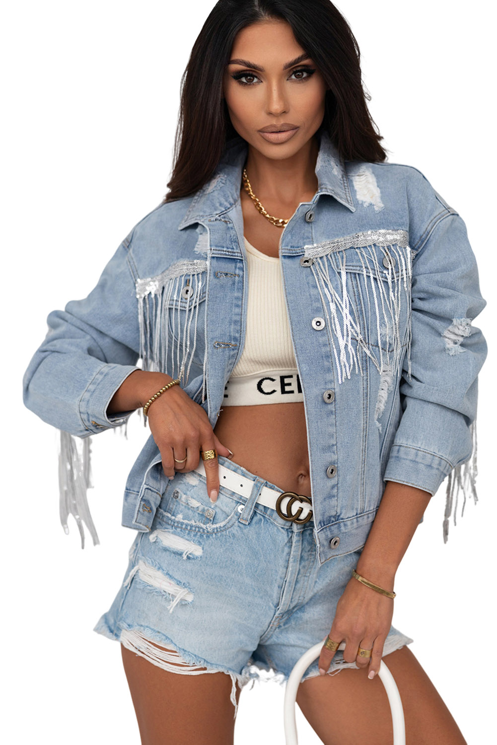 Women's Sequin Fringe Denim Jacket, Distressed Light Blue Coat - Detail View 22 Women's Sequin Fringe Denim Jacket, Distressed Light Blue Coat - Detail View 22
