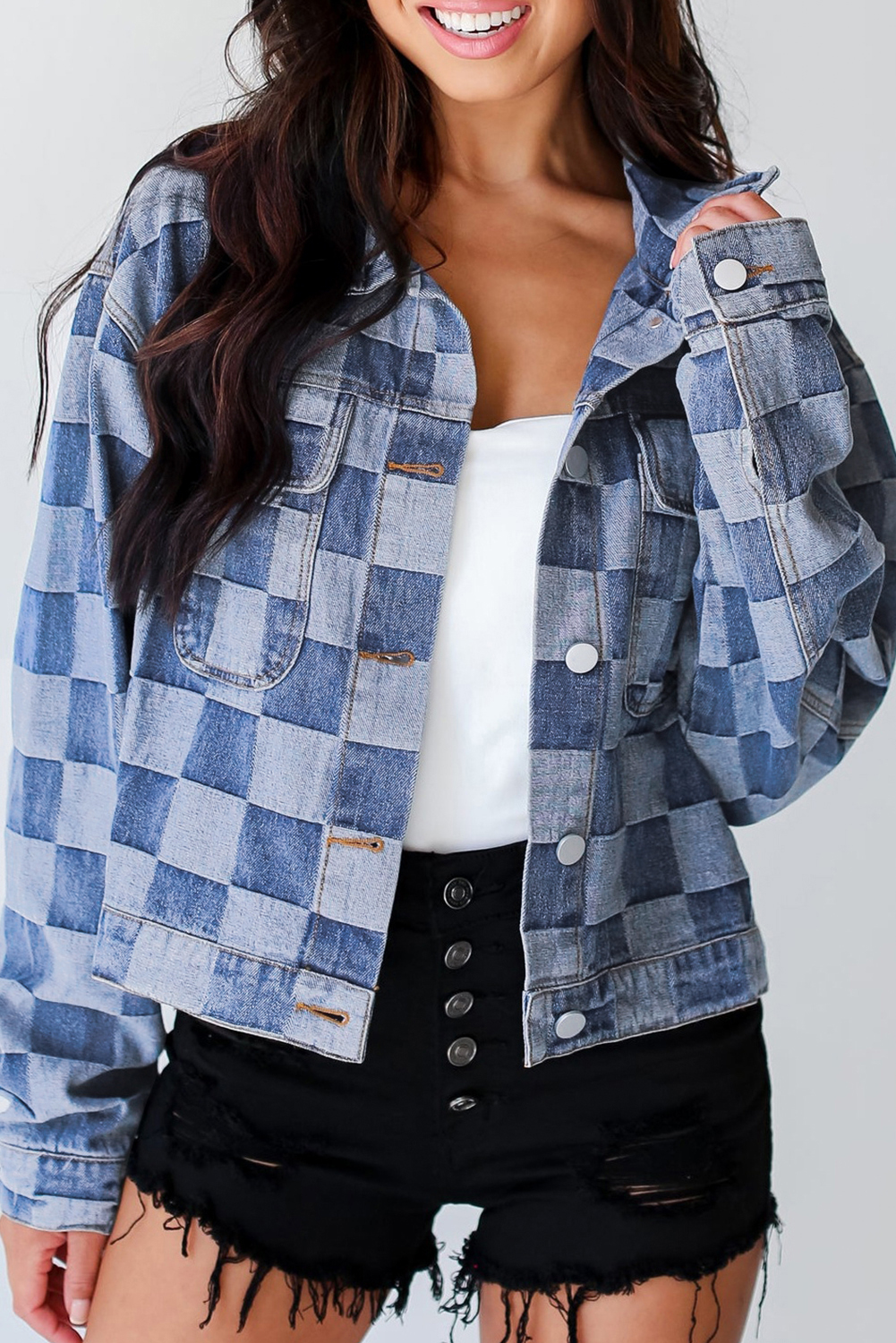 Unique Two-Tone Checkered Denim Jacket - Light Blue - Detail View 2 Unique Two-Tone Checkered Denim Jacket - Light Blue - Detail View 2