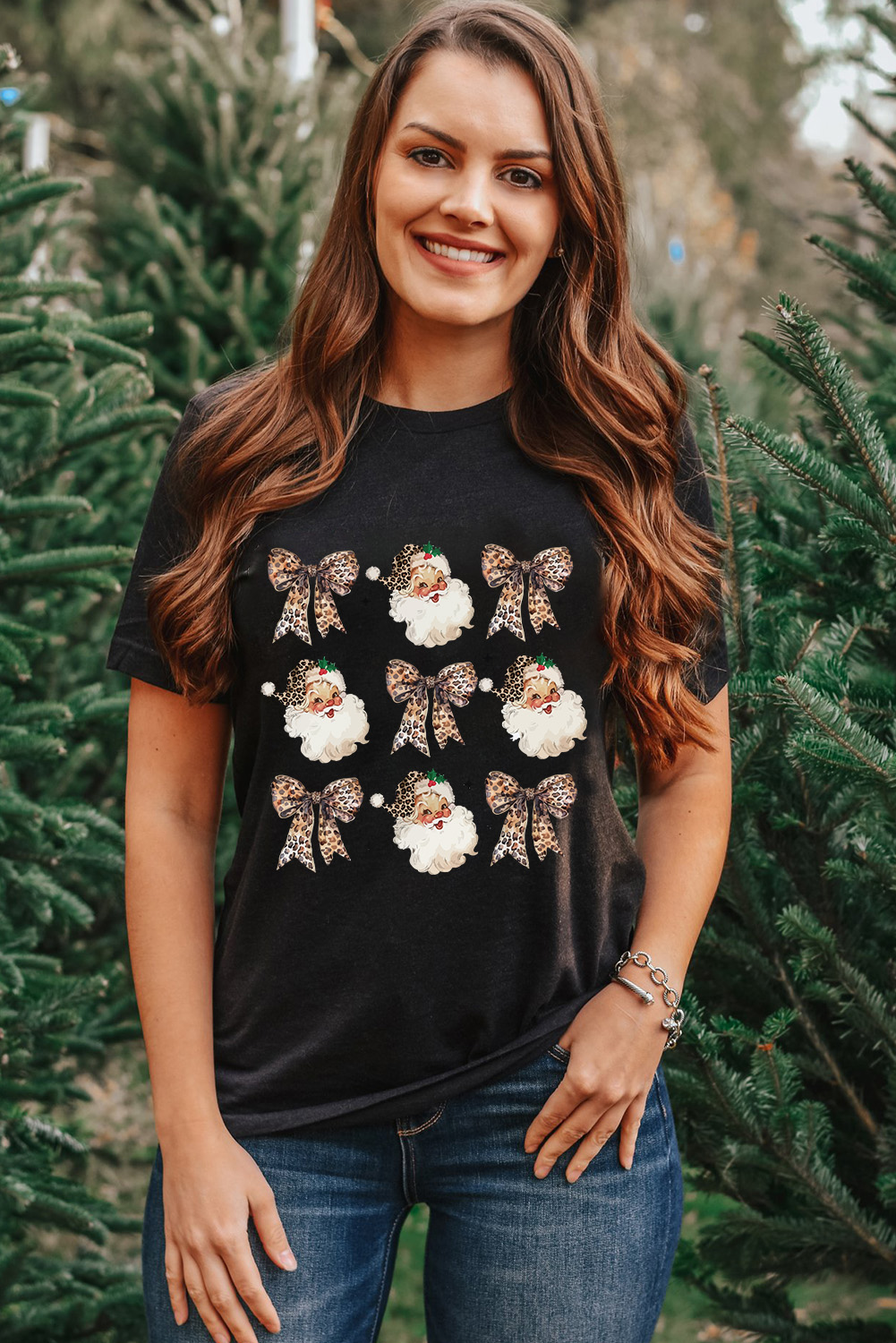 Women's Graphic Tee, Black, Leopard Print, Santa Claus, Bow, Casual, Comfortable, Classic Fit, Short Sleeves, Crew Neck, Christmas Theme, Holiday Season, Fun, Festive, Graphic Tees, Cozy Wear, Easy to Style, Tops - Detail View 4 Women's Graphic Tee, Black, Leopard Print, Santa Claus, Bow, Casual, Comfortable, Classic Fit, Short Sleeves, Crew Neck, Christmas Theme, Holiday Season, Fun, Festive, Graphic Tees, Cozy Wear, Easy to Style, Tops - Detail View 4