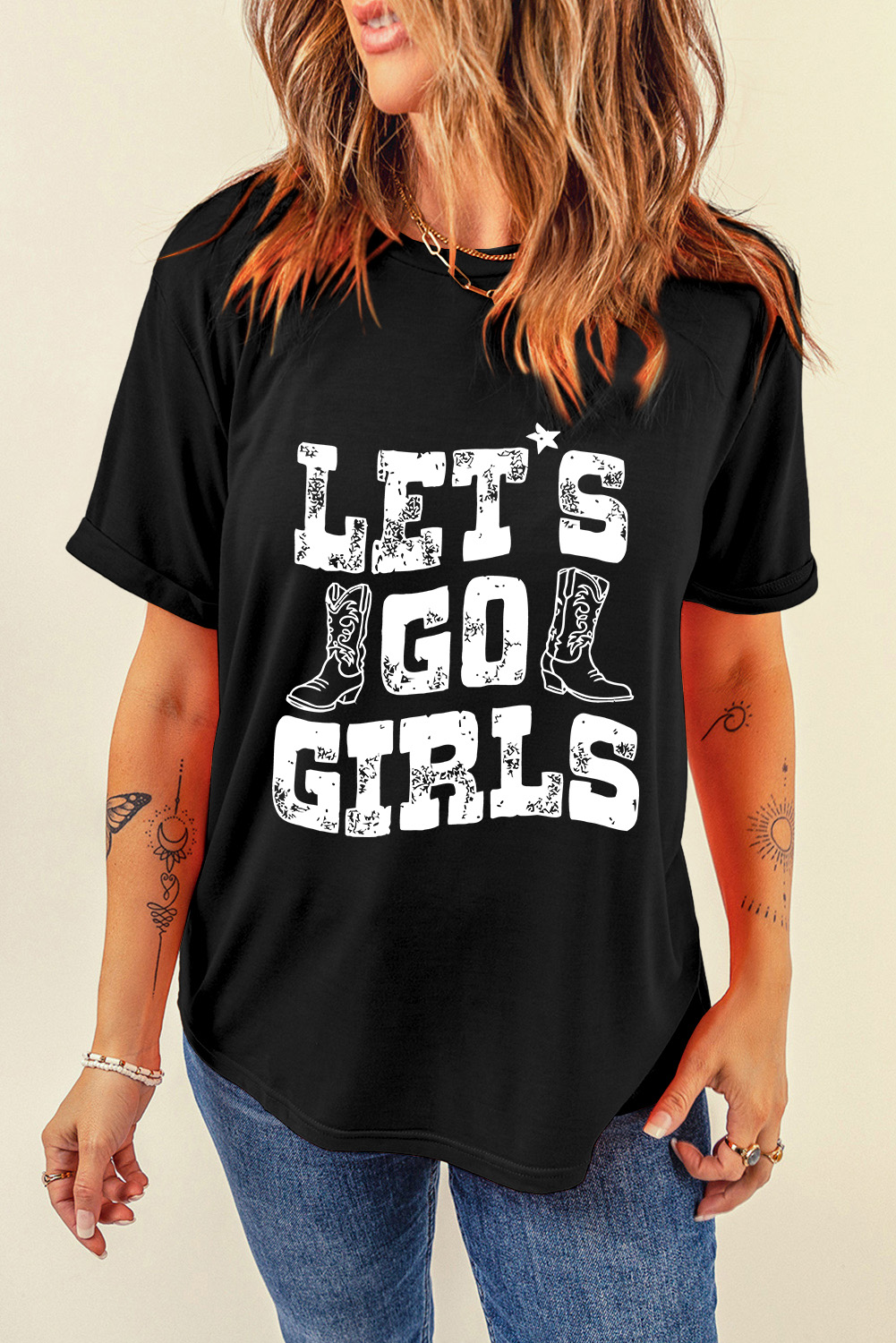 Black Graphic T-Shirt with 'LETs Go Girls' Slogan - Perfect for Daily Wear - Detail View 3 Black Graphic T-Shirt with 'LETs Go Girls' Slogan - Perfect for Daily Wear - Detail View 3