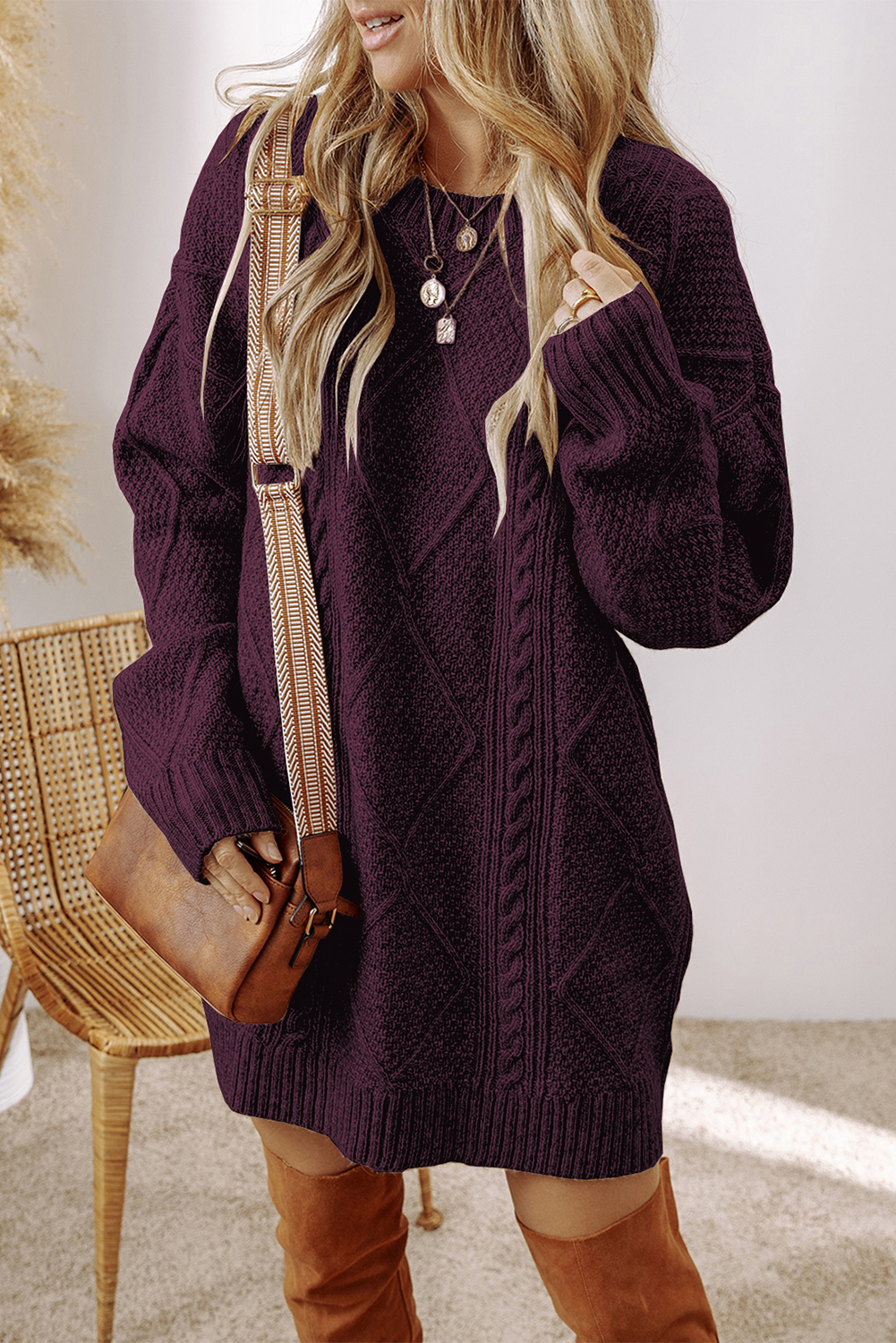 Women's Solid Sweater Dress, Loose Fit Fall Shift - Detail View 5 Women's Solid Sweater Dress, Loose Fit Fall Shift - Detail View 5