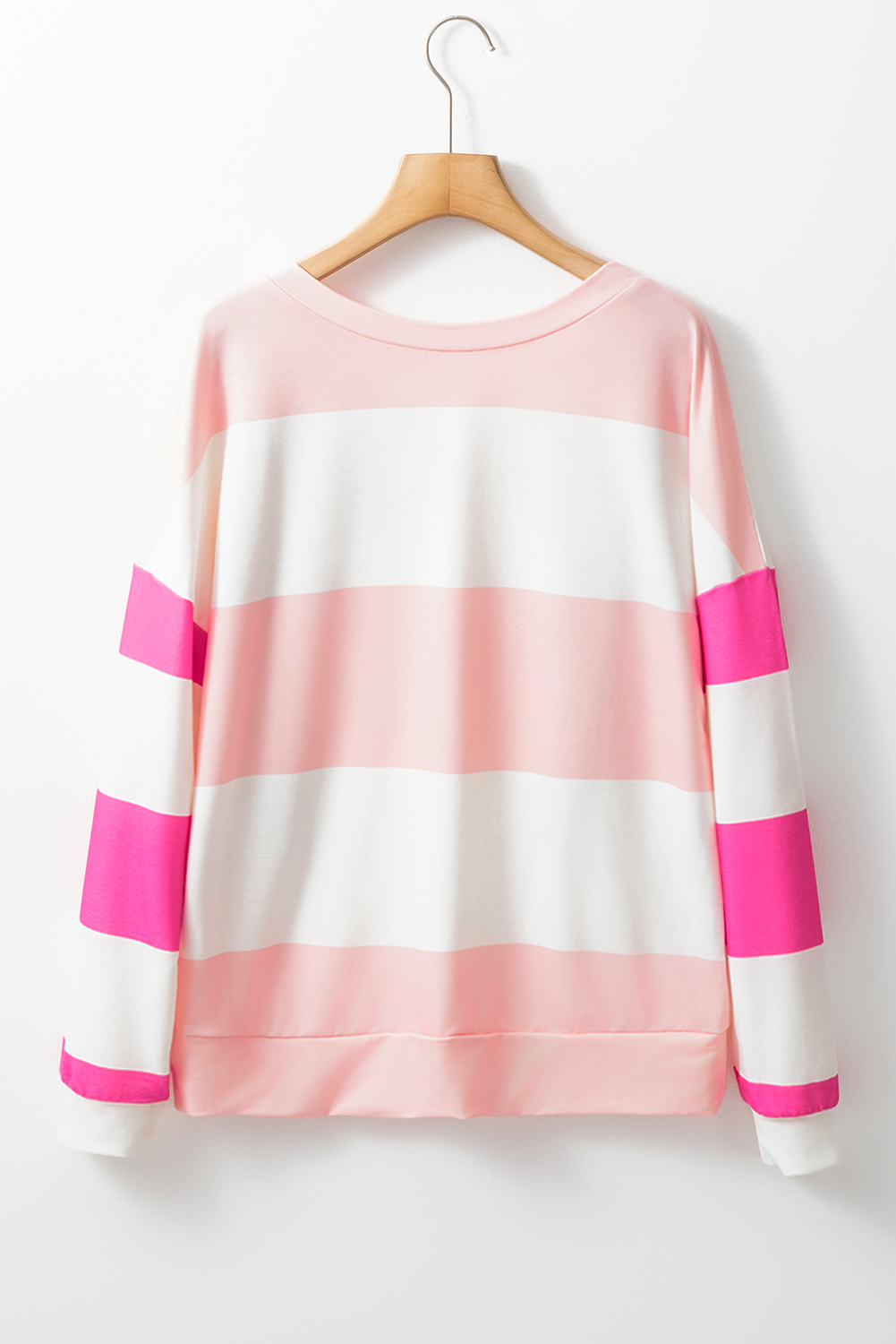 Casual Long Sleeve Top with Colorblock Stripes - Drop Shoulder Design in Light Pink - Detail View 7 Casual Long Sleeve Top with Colorblock Stripes - Drop Shoulder Design in Light Pink - Detail View 7