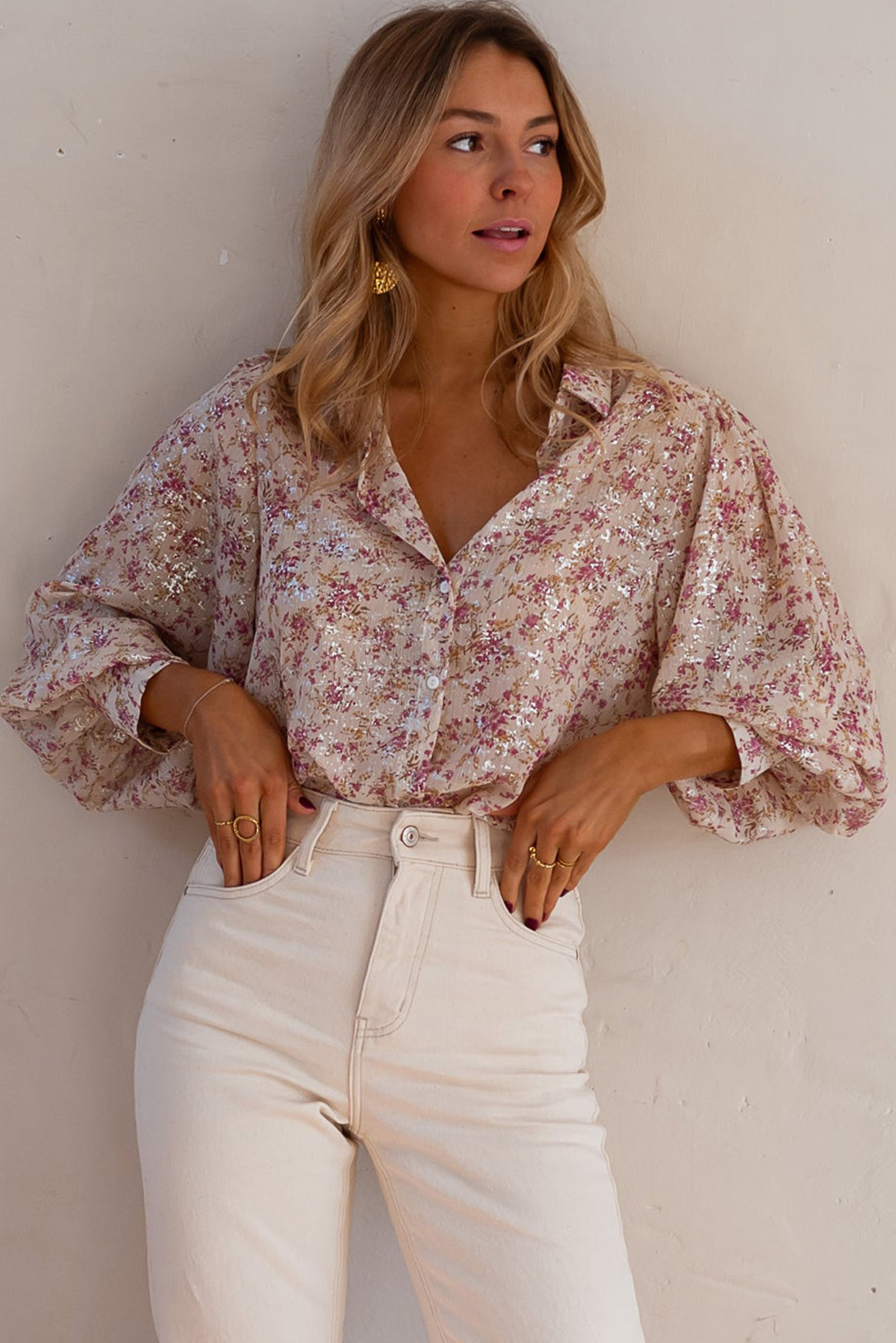 Women's Shirt, Pink Floral, Bishop Sleeve, Collared V-Neck, Long Sleeve, Elegant, Chic, Versatile, Spring Season, Daily Wear, Work, School, Dates, Premium Material, Tops, Blouses & Shirts - Detail View 10 Women's Shirt, Pink Floral, Bishop Sleeve, Collared V-Neck, Long Sleeve, Elegant, Chic, Versatile, Spring Season, Daily Wear, Work, School, Dates, Premium Material, Tops, Blouses & Shirts - Detail View 10
