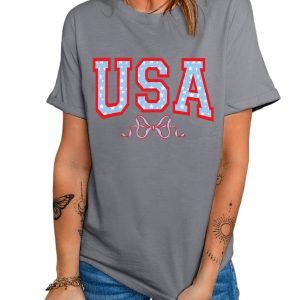 Women's Gray USA Star Bow Knot Print Crew Neck T-Shirt - Main View