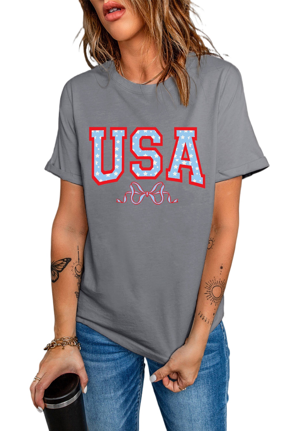 Women's Gray USA Star Bow Knot Print Crew Neck T-Shirt - Main View Women's Gray USA Star Bow Knot Print Crew Neck T-Shirt - Main View