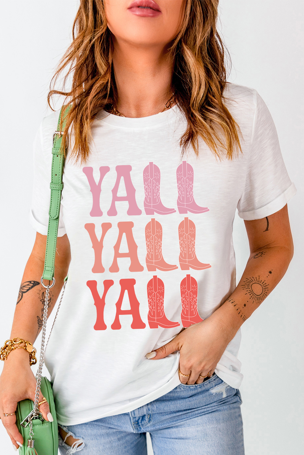 Women's White Y'ALL Cowboy Boots Graphic Crewneck T-Shirt - Detail View 6 Women's White Y'ALL Cowboy Boots Graphic Crewneck T-Shirt - Detail View 6