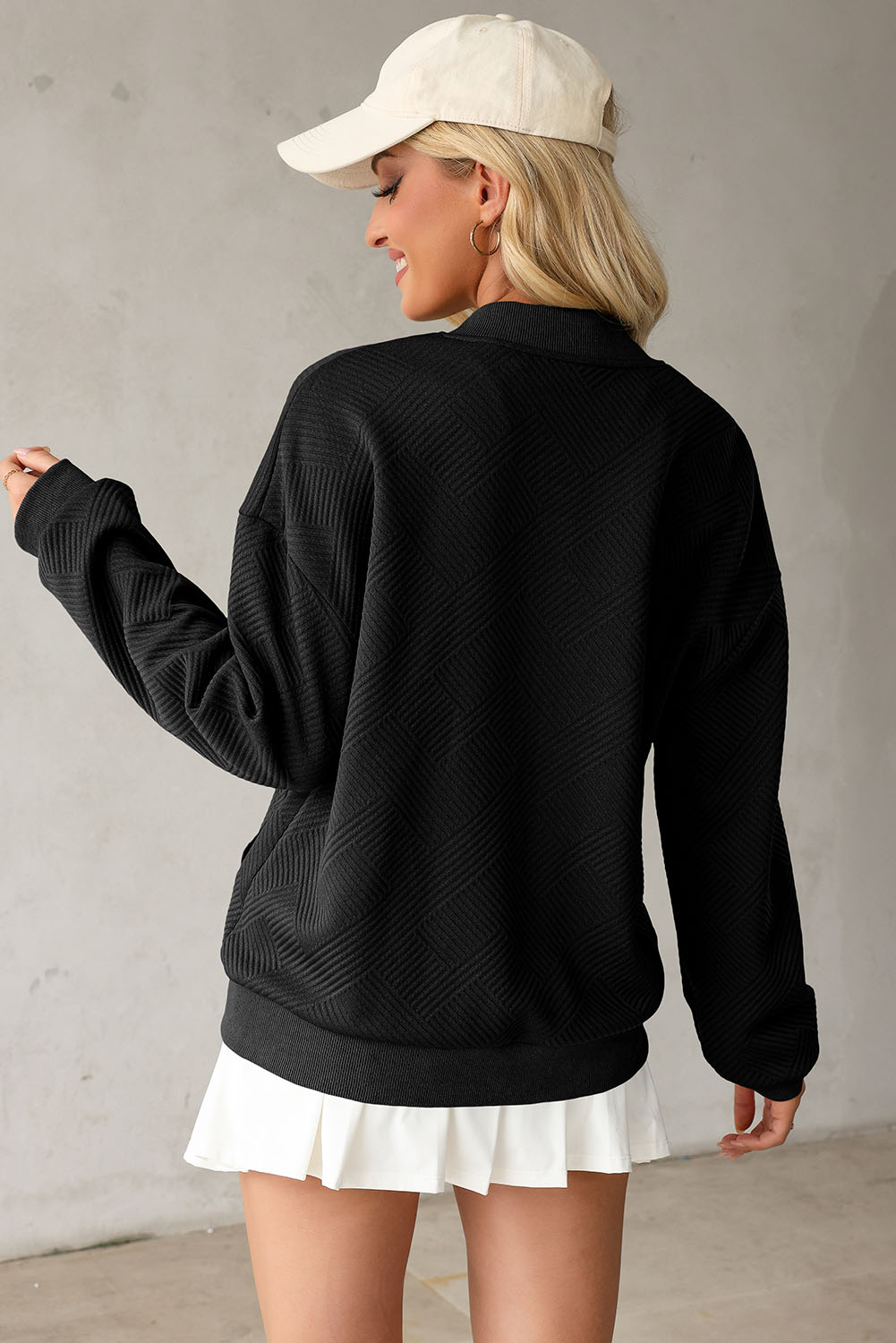 Women's Black Solid Textured Stand Neck Zipper Bomber Jacket - Detail View 6 Women's Black Solid Textured Stand Neck Zipper Bomber Jacket - Detail View 6