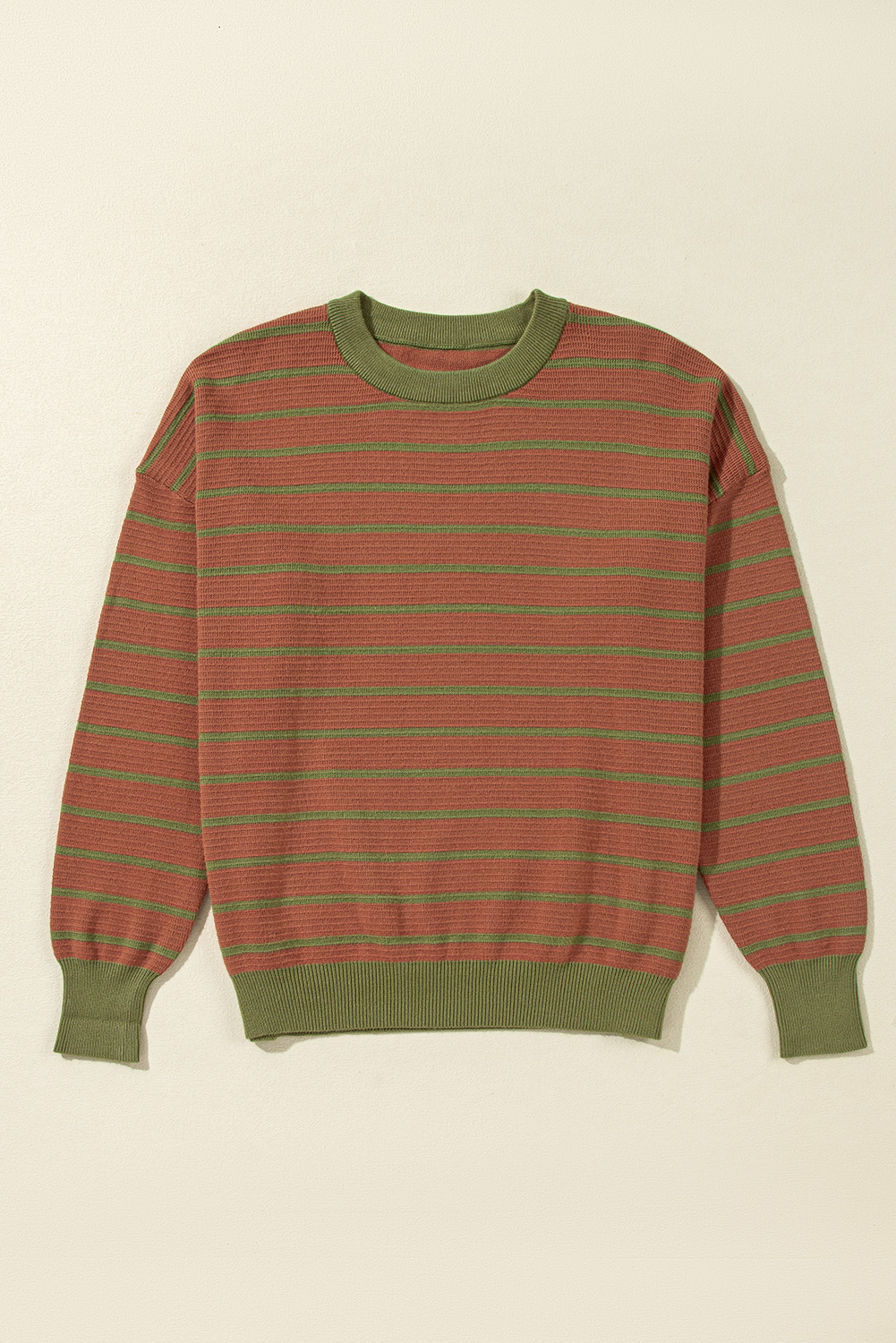 Women's Brown Stripe Trimmed Round Neck Drop Shoulder Loose Sweater - Detail View 6 Women's Brown Stripe Trimmed Round Neck Drop Shoulder Loose Sweater - Detail View 6