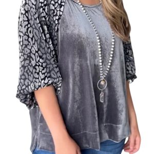 Women's Velvet Leopard Blouse, Casual Grey Lantern Sleeve Top - Main View