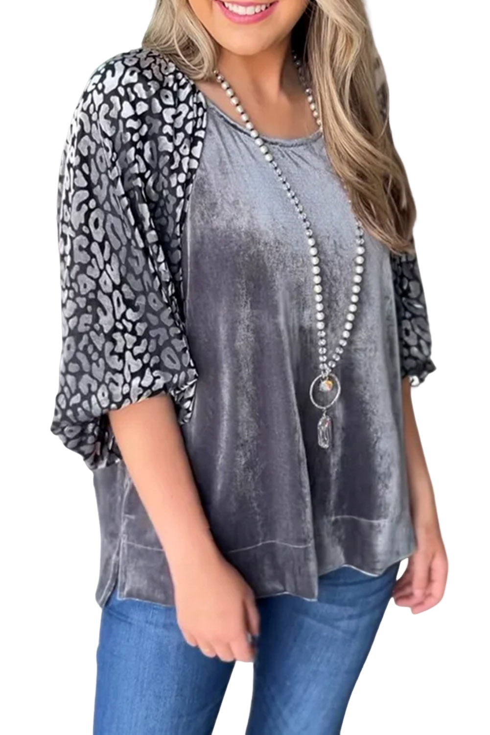 Women's Velvet Leopard Blouse, Casual Grey Lantern Sleeve Top - Main View Women's Velvet Leopard Blouse, Casual Grey Lantern Sleeve Top - Main View