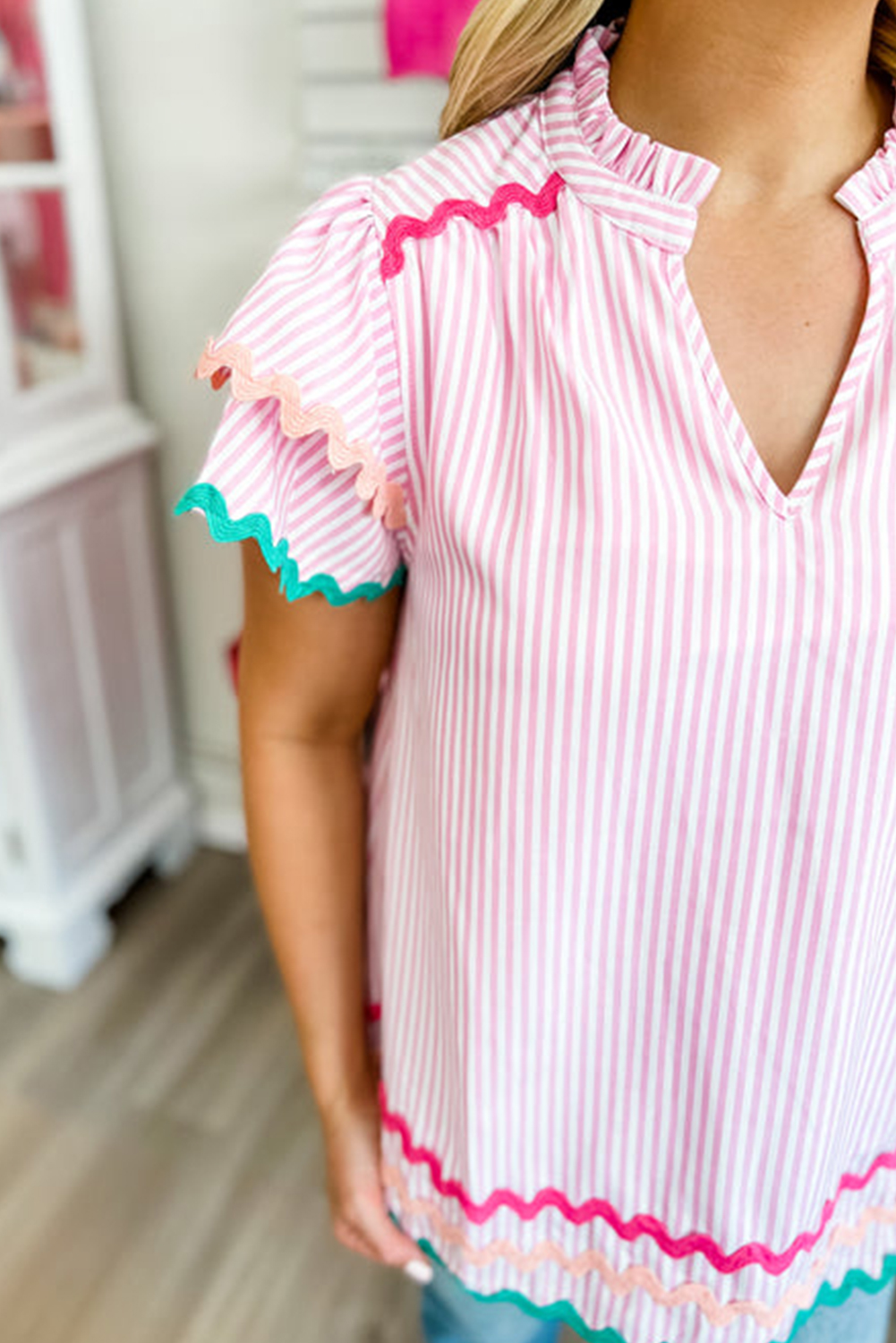 Feminine Spring Blouse: Bohemian-Pink Stripe with Ric-Rac Trim and Ruffled Sleeves - Detail View 6 Feminine Spring Blouse: Bohemian-Pink Stripe with Ric-Rac Trim and Ruffled Sleeves - Detail View 6
